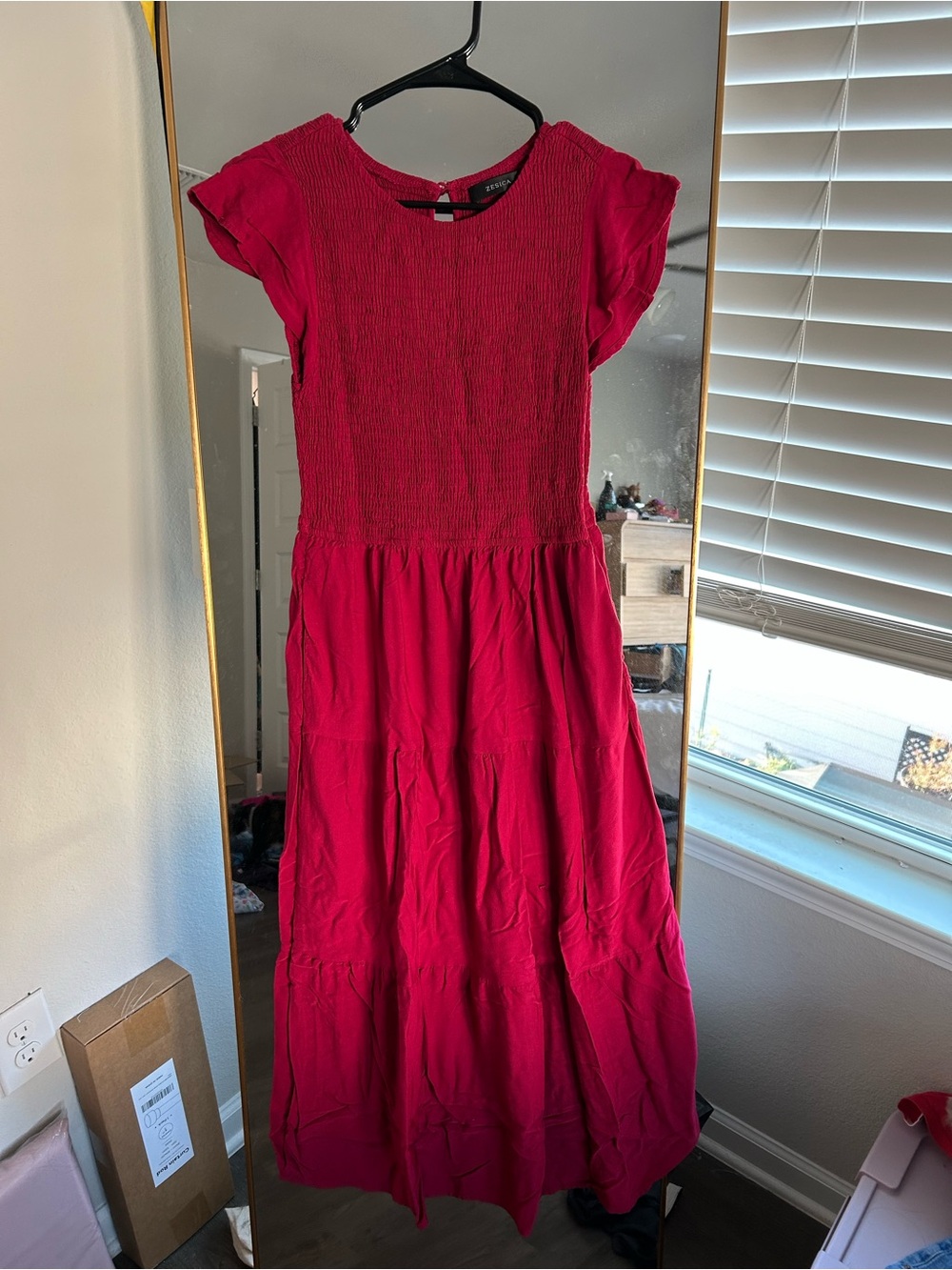 Women's Red Midi Dress with Smocked Bodice